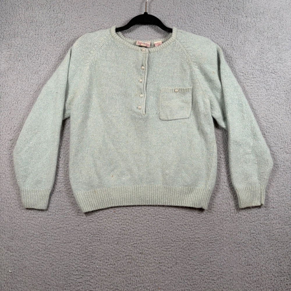 Tarazzia Silk Angora Lambwool Knit Sweater Women M/L Green Pearl Button Cropped